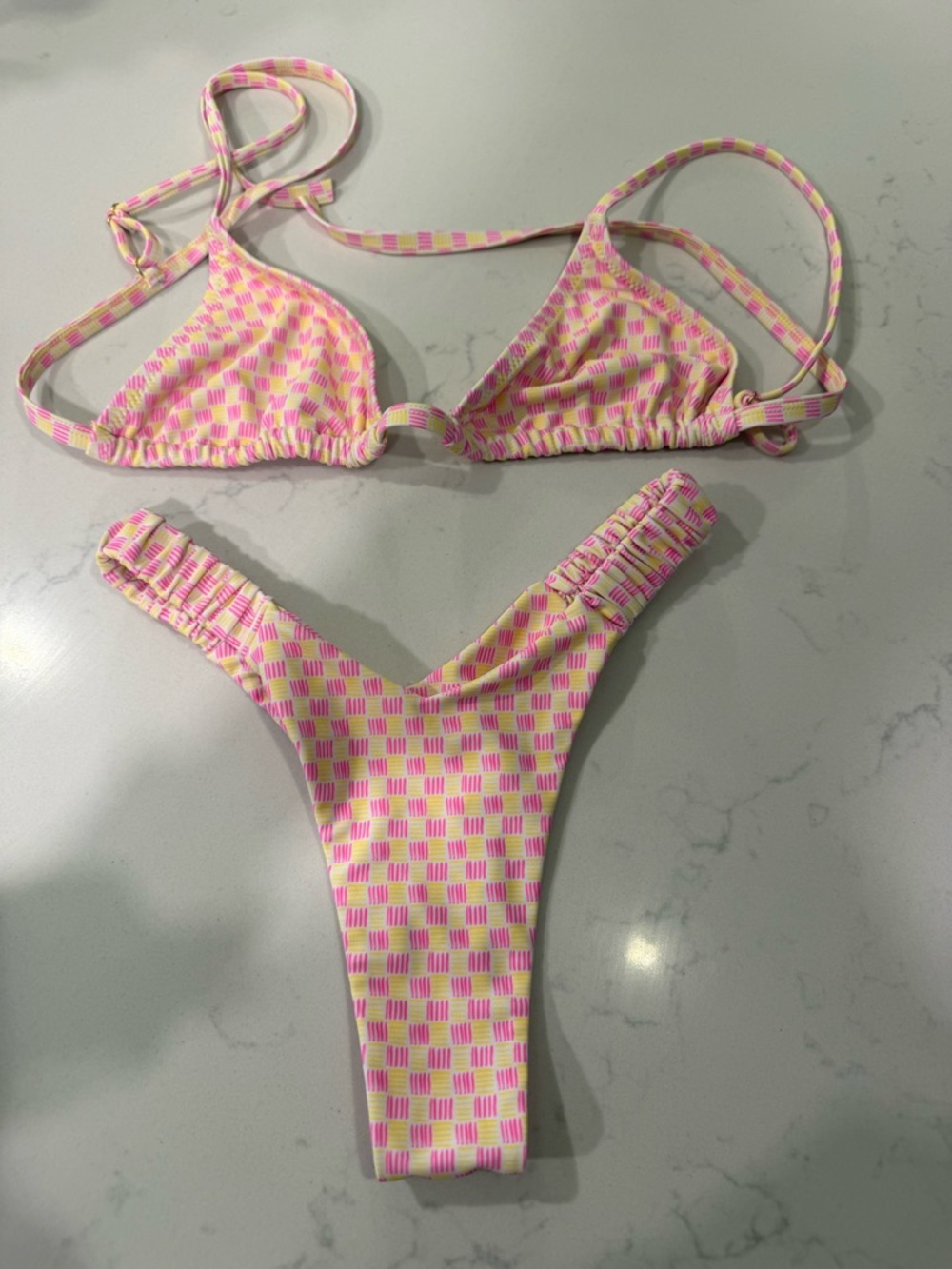 Kulani Kinis Pink and Yellow Checker Triangle Bikini